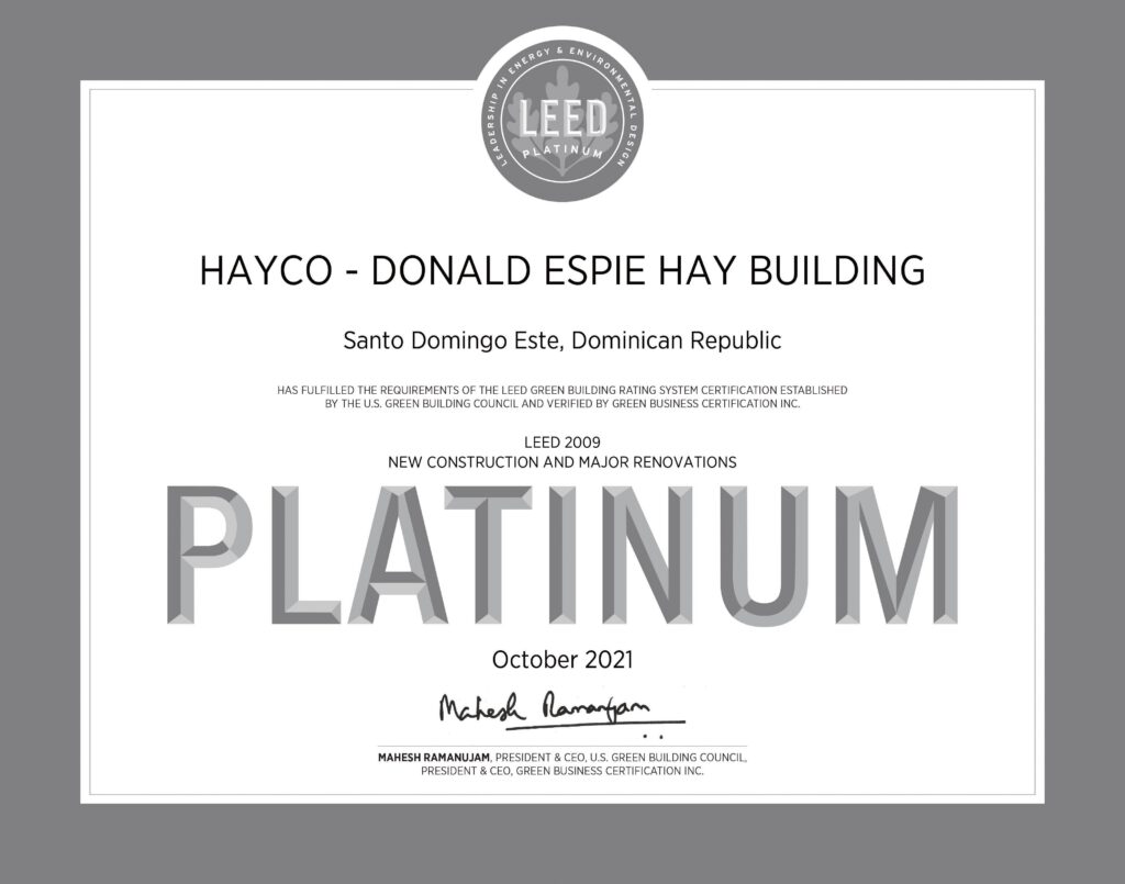 Hayco ‘Donald Espie Hay Building’ in the Dominican Republic Las Americas Free Zone Park, has been awarded Platinum LEED